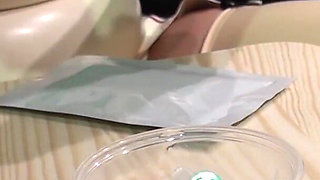 Doctor latex Danielle tests his sperm