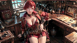 Redhead Pirate Captain! Playing with Her Cutlass in a Vintage Ship Cabin.