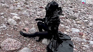 Gas Mask Goddess - Rubber Wetsuit & Pvc Mac Beach Tease