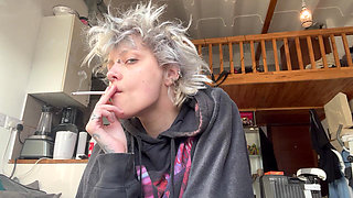 Cute Goth Smoking a Cig in a Hoodie No Makeup
