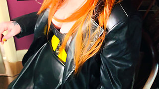 The Gothic Cutie Tina Snua Dressed In a Leather Coat & Smoking A Cork 100 Cigarette - Ginger Miss Smokes In A Leather Outfit OME