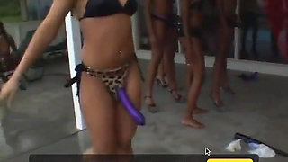 Sexy strap-on wielding black babes ravage white dude on couch and in pool