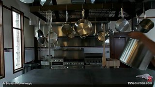 Harrased black shef fucked by shemale