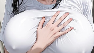 A beautiful woman with huge breasts and glasses