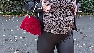 Naughty Granny Tongue Out Flashing Big Tits in Public