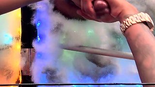 Hot blonde strokes and sucks black cock in glory hole