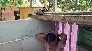 Horny Stepsister Calls Her Husband's Stepcousin From the Bathroom to Have Him Fuck Her