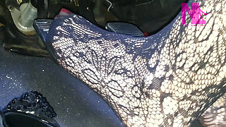 Sexy Pedal Pumping in Black Floral Fishnets