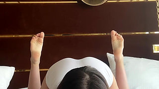 yoga in white short shorts cameltoe