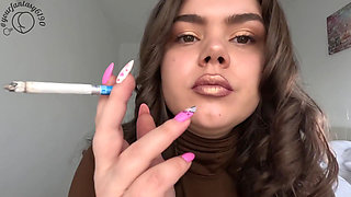 Smoking and Vaping with Gold Shiny Lipstick Close-up