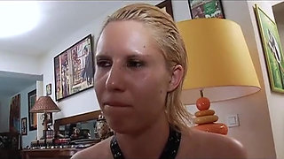 Two lesbians having licking contest in the kitchen